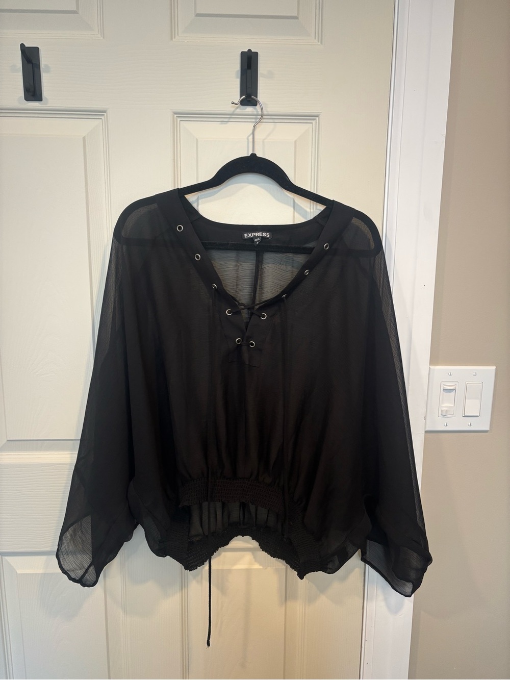 Express Black Sheer Lace-Up Pullover Blouse